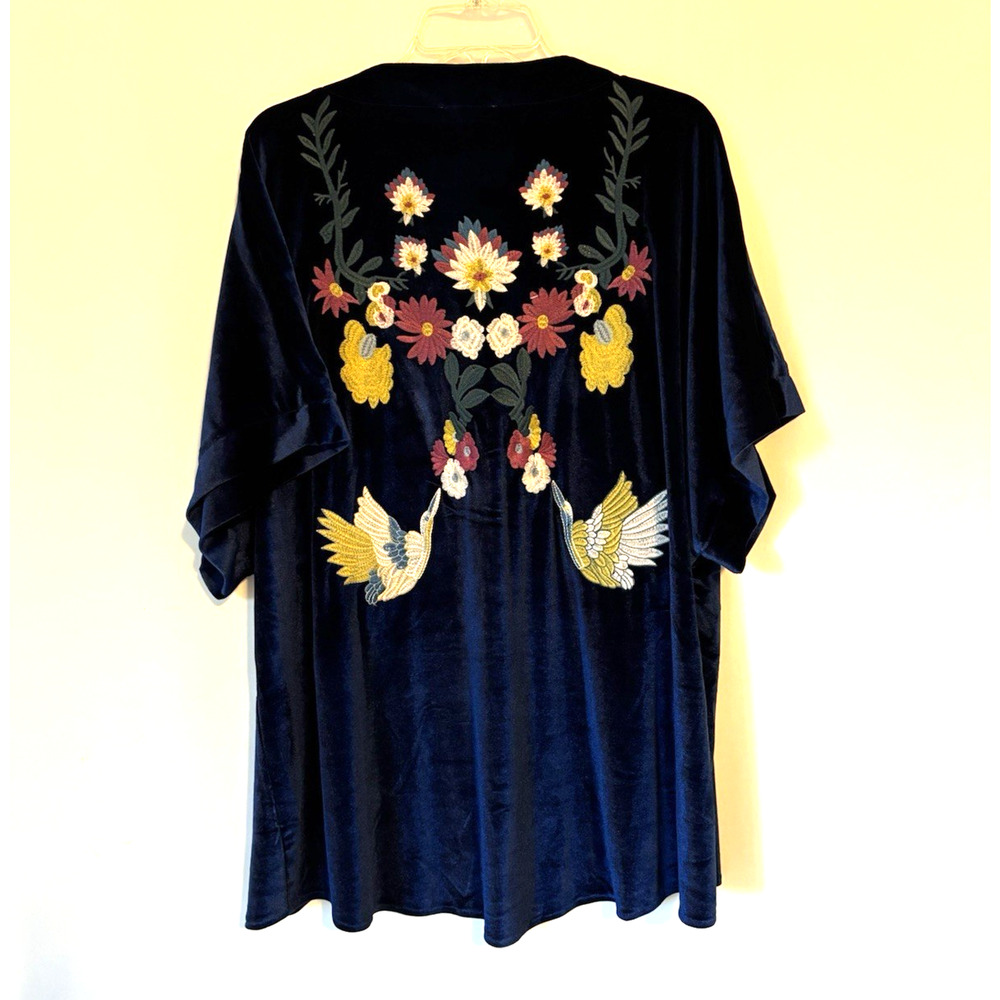 Entro Duster Top Jacket XL Blue Open Front Embroidered Velvet Velour
